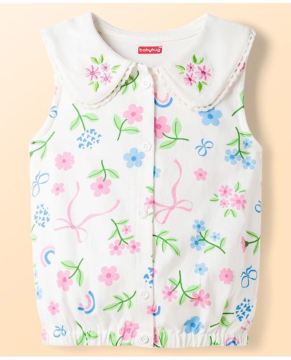 Babyhug Single Jersey Knit Sleeveless Top & Denim Shorts Set with Floral Print - Multicolor