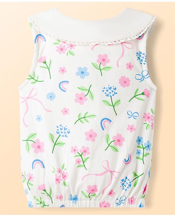 Babyhug Single Jersey Knit Sleeveless Top & Denim Shorts Set with Floral Print - Multicolor