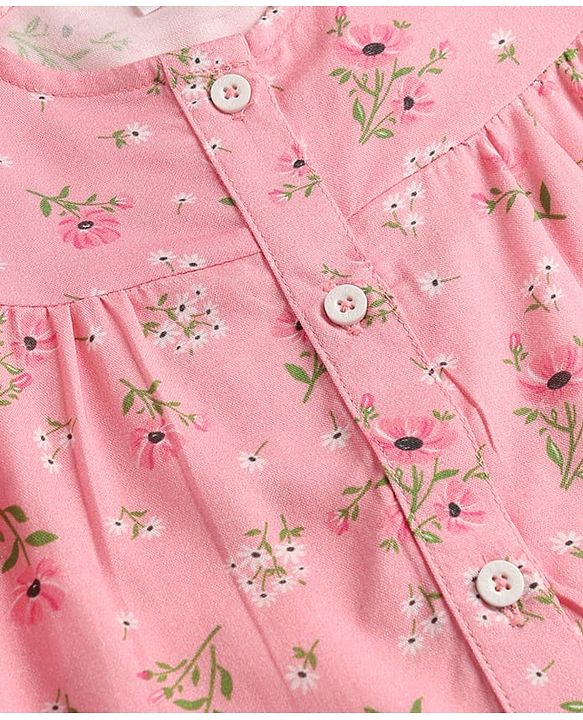 Babyhug Single Jersey Knit Half Sleeves Top & Denim Shorts Set With Floral Print - Pink & Blue