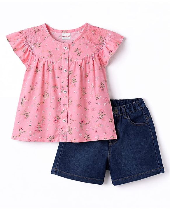 Babyhug Single Jersey Knit Half Sleeves Top & Denim Shorts Set With Floral Print - Pink & Blue