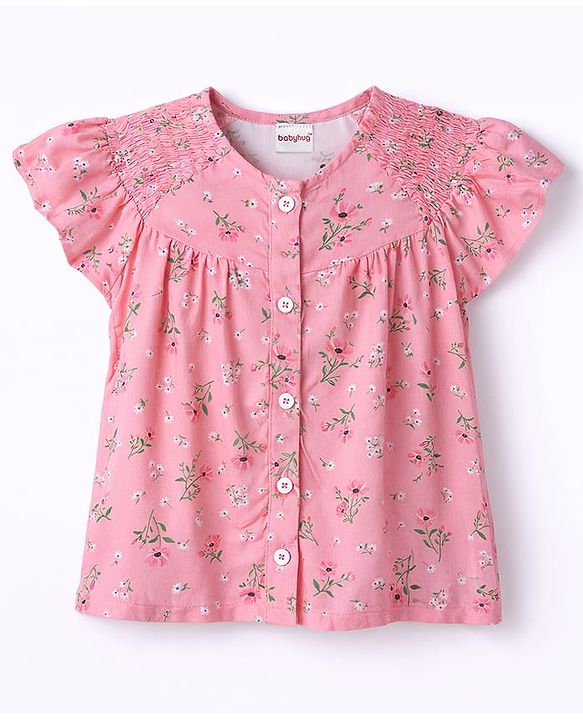 Babyhug Single Jersey Knit Half Sleeves Top & Denim Shorts Set With Floral Print - Pink & Blue