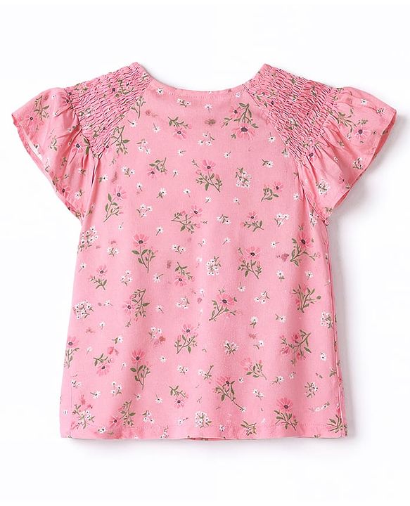 Babyhug Single Jersey Knit Half Sleeves Top & Denim Shorts Set With Floral Print - Pink & Blue