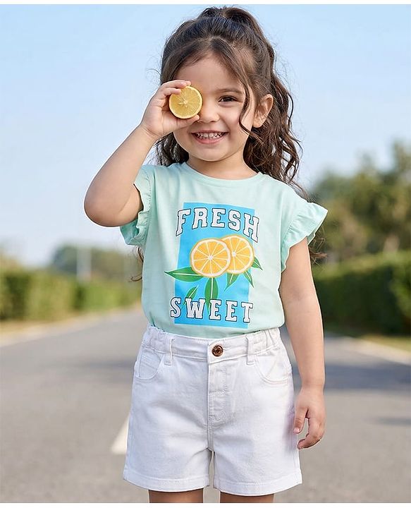 Babyhug Single Jersey Knit Half Frill Sleeves Top & Denim Shorts Set with Fresh Sweet Print - Blue & White