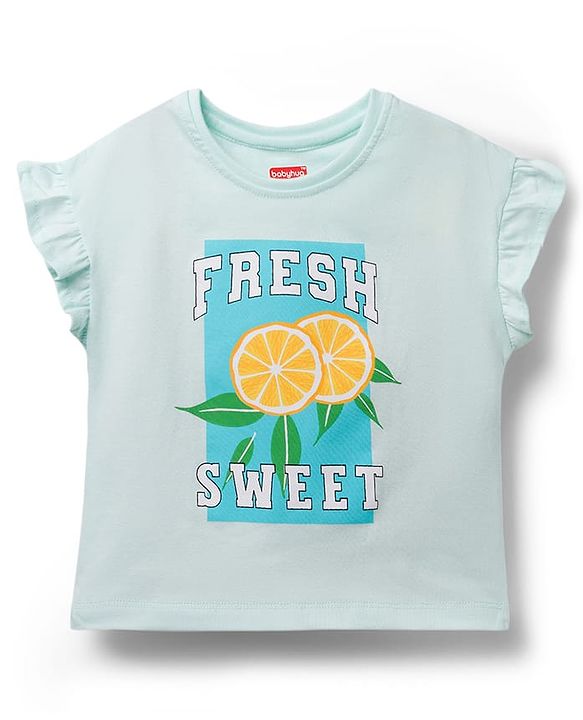 Babyhug Single Jersey Knit Half Frill Sleeves Top & Denim Shorts Set with Fresh Sweet Print - Blue & White