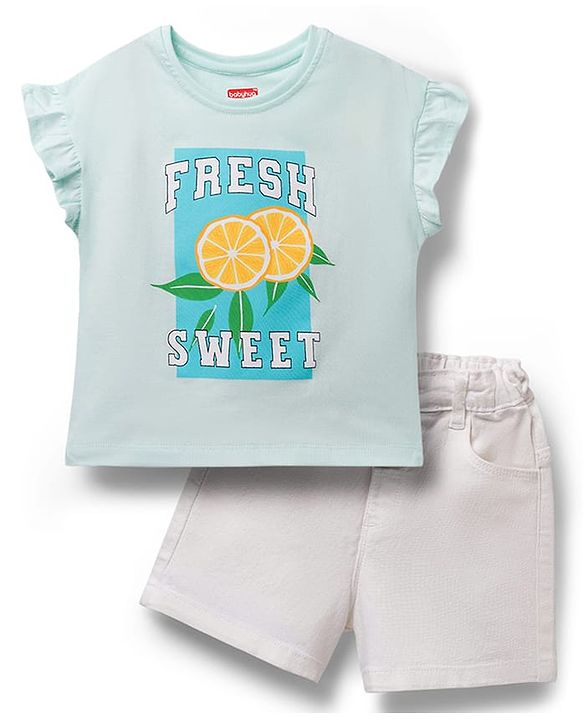 Babyhug Single Jersey Knit Half Frill Sleeves Top & Denim Shorts Set with Fresh Sweet Print - Blue & White
