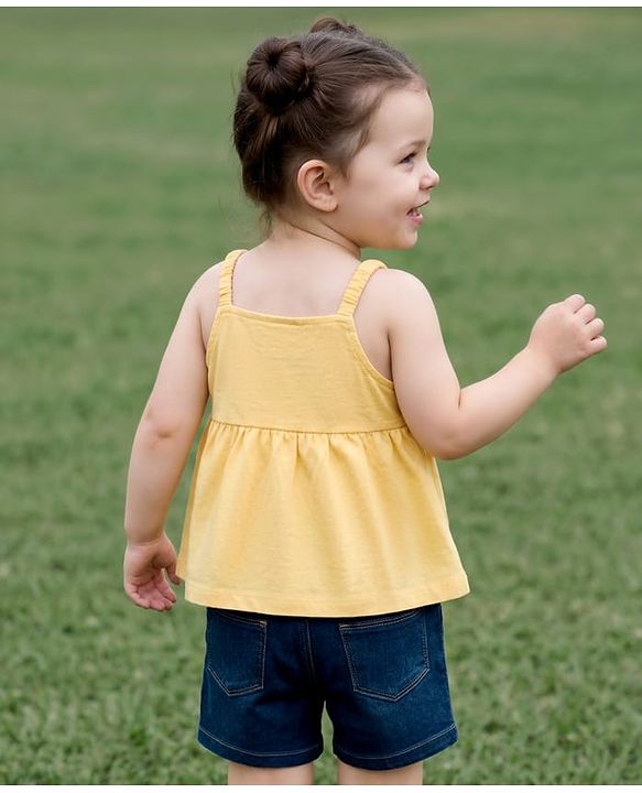 Babyhug Single Jersey Knit Sleeveless Schiffili Top & Denim Shorts Set - Yellow & Blue
