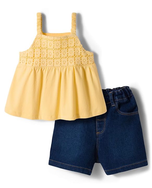 Babyhug Single Jersey Knit Sleeveless Schiffili Top & Denim Shorts Set - Yellow & Blue