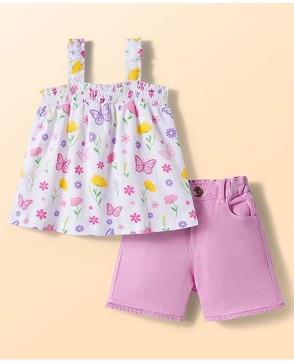 Babyhug Single Jersey Knit Sleeveless Top & Denim Shorts Set With Floral & Butterfly Print - White & Pink