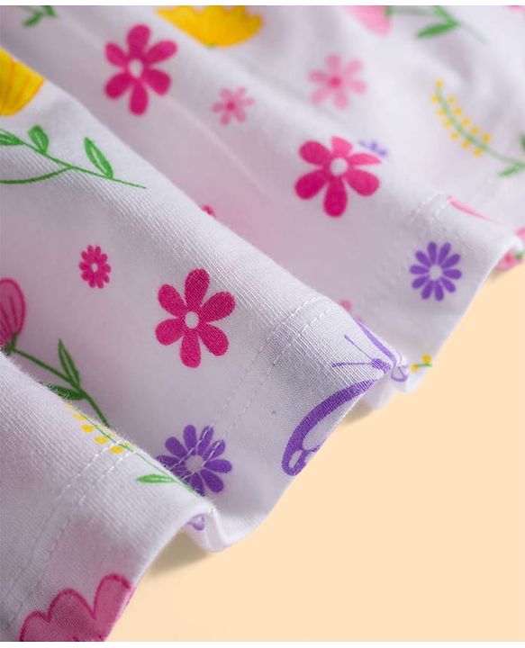 Babyhug Single Jersey Knit Sleeveless Top & Denim Shorts Set With Floral & Butterfly Print - White & Pink