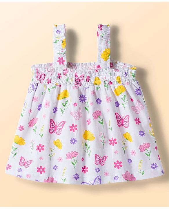 Babyhug Single Jersey Knit Sleeveless Top & Denim Shorts Set With Floral & Butterfly Print - White & Pink