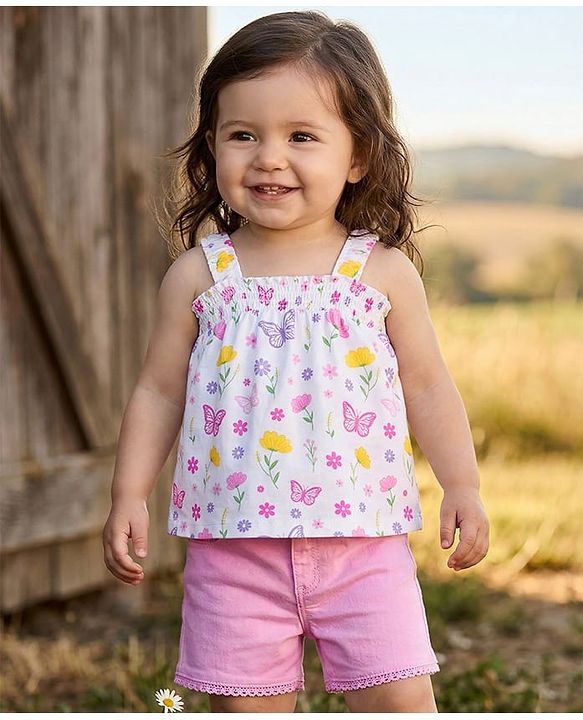 Babyhug Single Jersey Knit Sleeveless Top & Denim Shorts Set With Floral & Butterfly Print - White & Pink