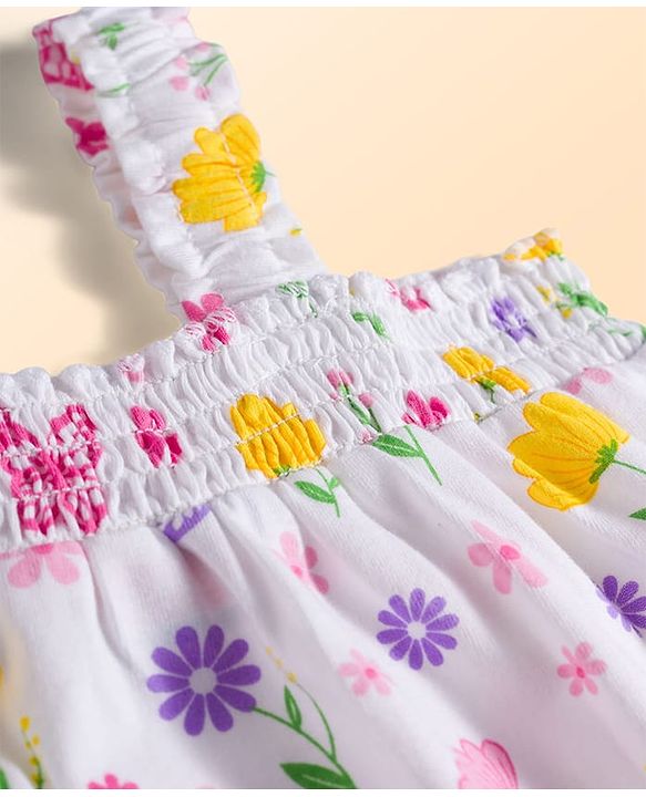 Babyhug Single Jersey Knit Sleeveless Top & Denim Shorts Set With Floral & Butterfly Print - White & Pink