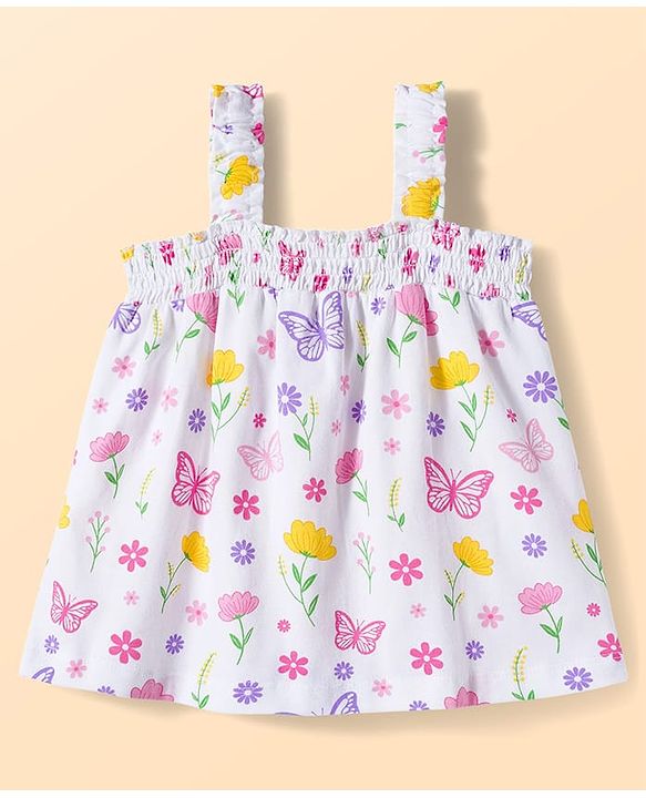 Babyhug Single Jersey Knit Sleeveless Top & Denim Shorts Set With Floral & Butterfly Print - White & Pink