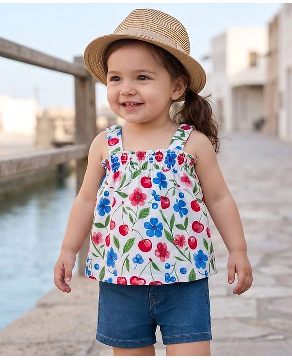Babyhug Single Jersey Knit Sleeveless Top & Denim Shorts Set with Floral Print - Blue