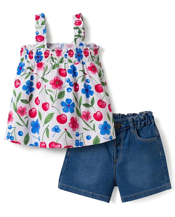Babyhug Single Jersey Knit Sleeveless Top & Denim Shorts Set with Floral Print - Blue