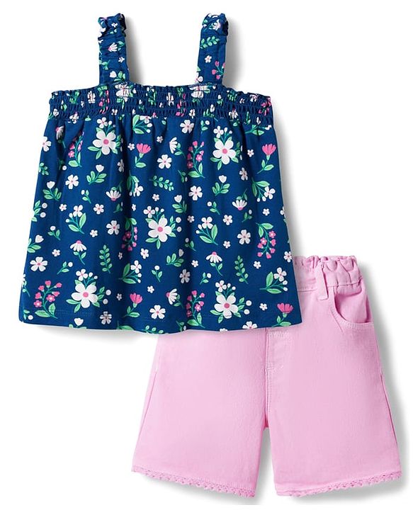 Babyhug Single Jersey Knit Sleeveless Top & Denim Shorts Set With Floral Print - Navy Blue & Pink