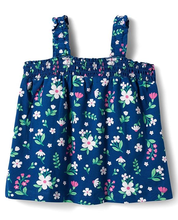 Babyhug Single Jersey Knit Sleeveless Top & Denim Shorts Set With Floral Print - Navy Blue & Pink