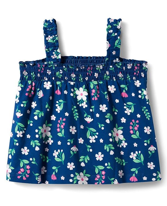 Babyhug Single Jersey Knit Sleeveless Top & Denim Shorts Set With Floral Print - Navy Blue & Pink