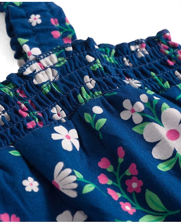 Babyhug Single Jersey Knit Sleeveless Top & Denim Shorts Set With Floral Print - Navy Blue & Pink