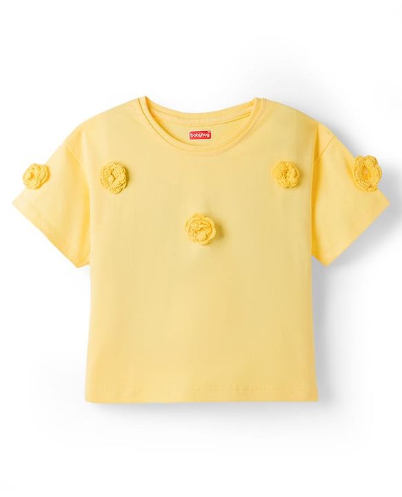 Babyhug Single Jersey Knit Half Sleeves Top & Denim Shorts Set with Crochet Floral Applique - Yellow & Blue
