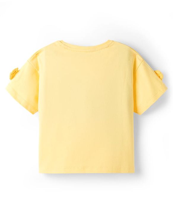 Babyhug Single Jersey Knit Half Sleeves Top & Denim Shorts Set with Crochet Floral Applique - Yellow & Blue