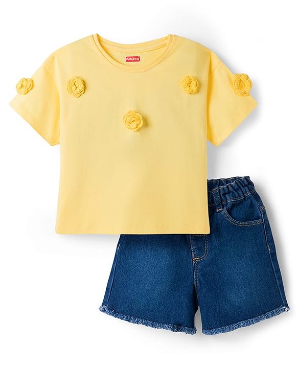 Babyhug Single Jersey Knit Half Sleeves Top & Denim Shorts Set with Crochet Floral Applique - Yellow & Blue