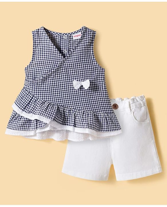 Babyhug Single Jersey Knit Sleeveless Checkered Top & Shorts Set - Multicolour & White