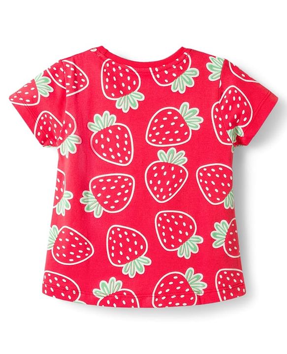 Babyhug Single Jersey Knit Half Sleeves Top & Denim Shorts Set With Strawberry Print - Red & Blue