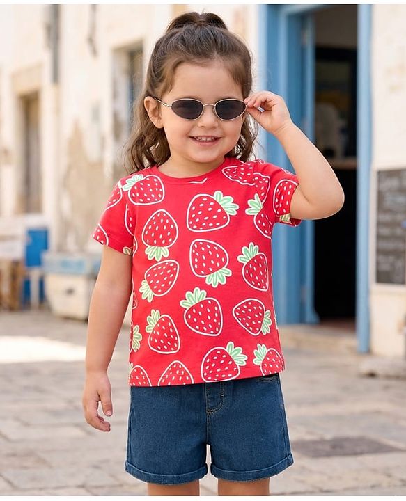 Babyhug Single Jersey Knit Half Sleeves Top & Denim Shorts Set With Strawberry Print - Red & Blue