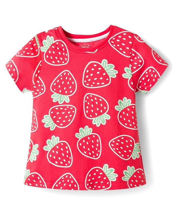 Babyhug Single Jersey Knit Half Sleeves Top & Denim Shorts Set With Strawberry Print - Red & Blue