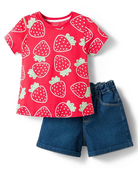 Babyhug Single Jersey Knit Half Sleeves Top & Denim Shorts Set With Strawberry Print - Red & Blue