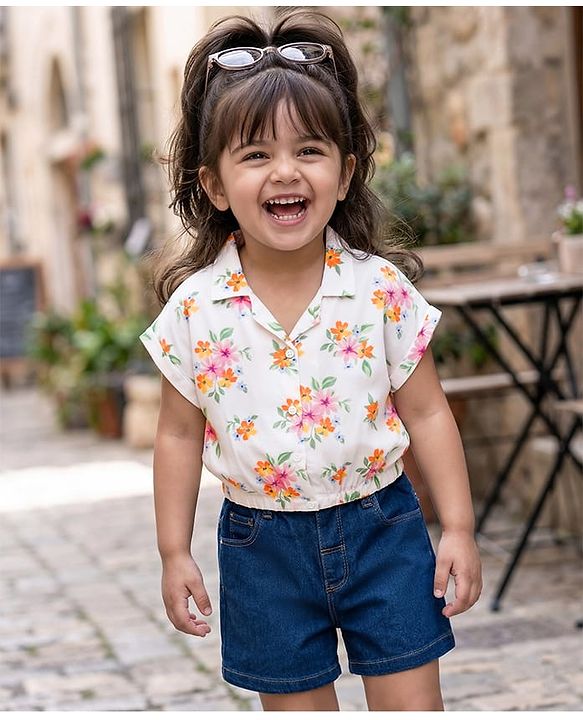 Babyhug Single Jersey Knit Half Sleeves Top & Denim Shorts Set With Floral Print - White & Blue