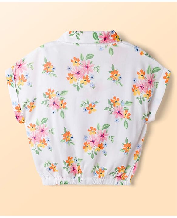 Babyhug Single Jersey Knit Half Sleeves Top & Denim Shorts Set With Floral Print - White & Blue