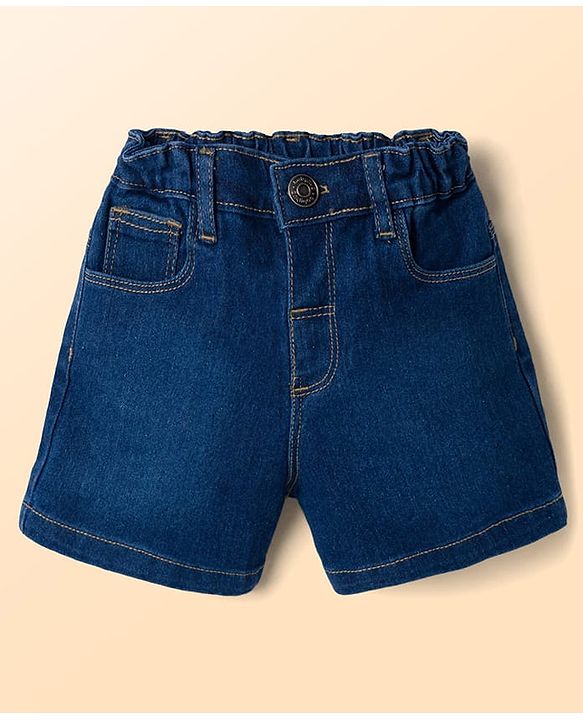 Babyhug Single Jersey Knit Half Sleeves Top & Denim Shorts Set With Floral Print - White & Blue