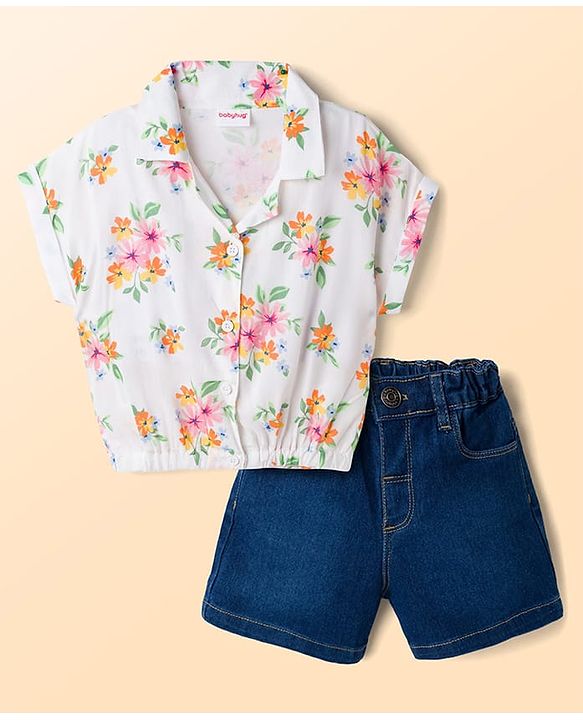 Babyhug Single Jersey Knit Half Sleeves Top & Denim Shorts Set With Floral Print - White & Blue