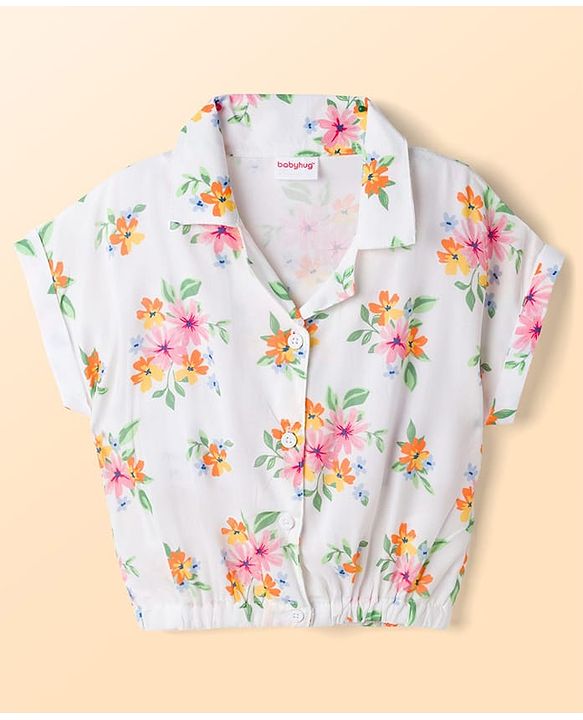 Babyhug Single Jersey Knit Half Sleeves Top & Denim Shorts Set With Floral Print - White & Blue