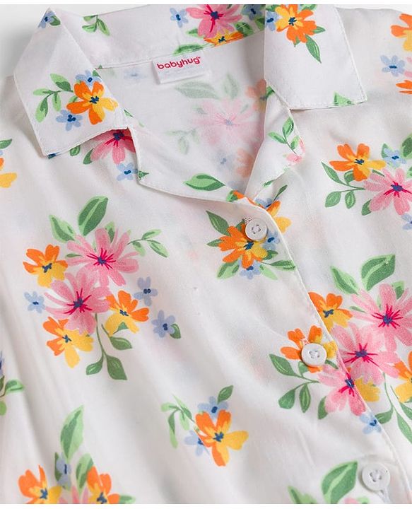 Babyhug Single Jersey Knit Half Sleeves Top & Denim Shorts Set With Floral Print - White & Blue