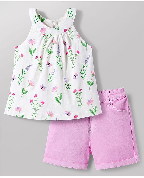 Babyhug Single Jersey Knit Sleeveless Floral Printed Top & Shorts Set - White & Pink