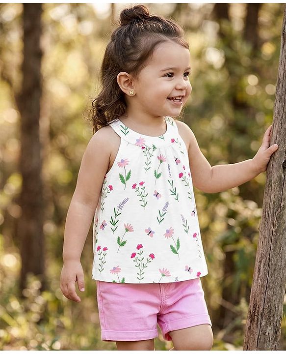 Babyhug Single Jersey Knit Sleeveless Floral Printed Top & Shorts Set - White & Pink