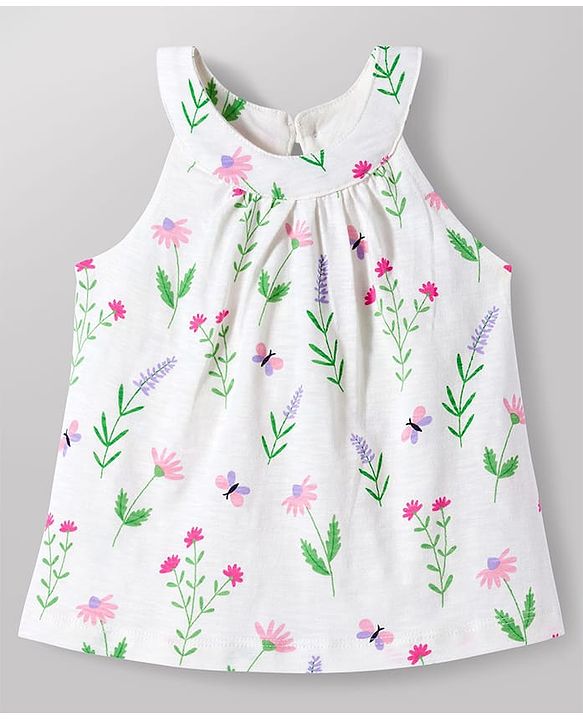 Babyhug Single Jersey Knit Sleeveless Floral Printed Top & Shorts Set - White & Pink