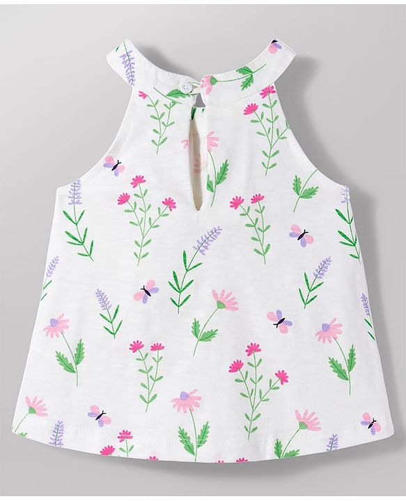 Babyhug Single Jersey Knit Sleeveless Floral Printed Top & Shorts Set - White & Pink