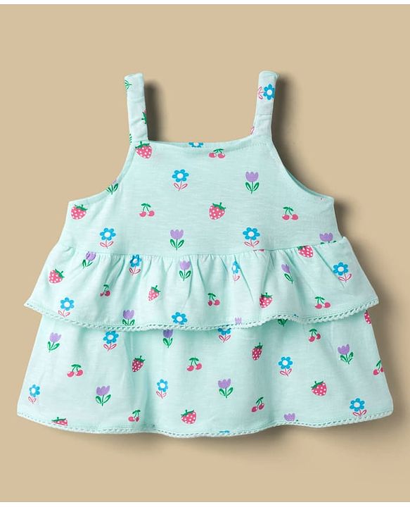 Babyhug Single Jersey Knit Sleeveless Floral & Fruits Printed Top & Denim Shorts Set - Blue