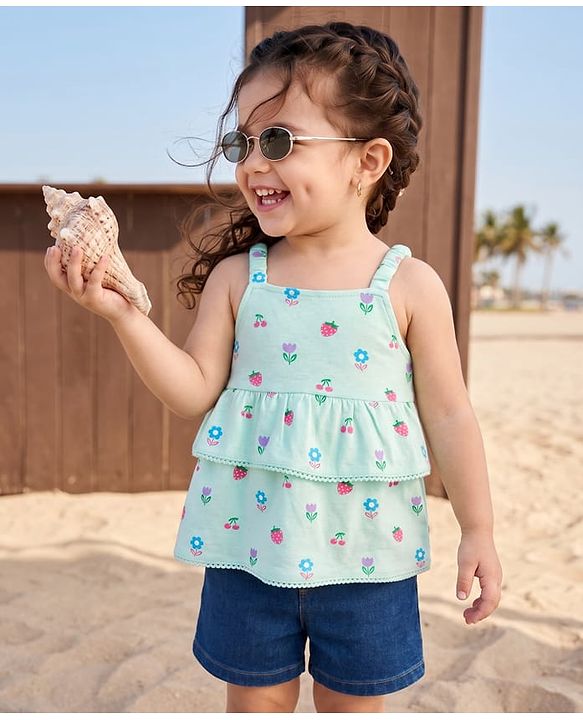 Babyhug Single Jersey Knit Sleeveless Floral & Fruits Printed Top & Denim Shorts Set - Blue