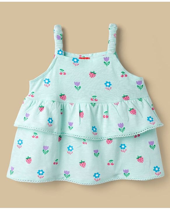 Babyhug Single Jersey Knit Sleeveless Floral & Fruits Printed Top & Denim Shorts Set - Blue