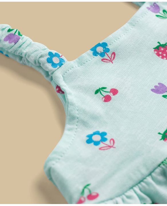 Babyhug Single Jersey Knit Sleeveless Floral & Fruits Printed Top & Denim Shorts Set - Blue