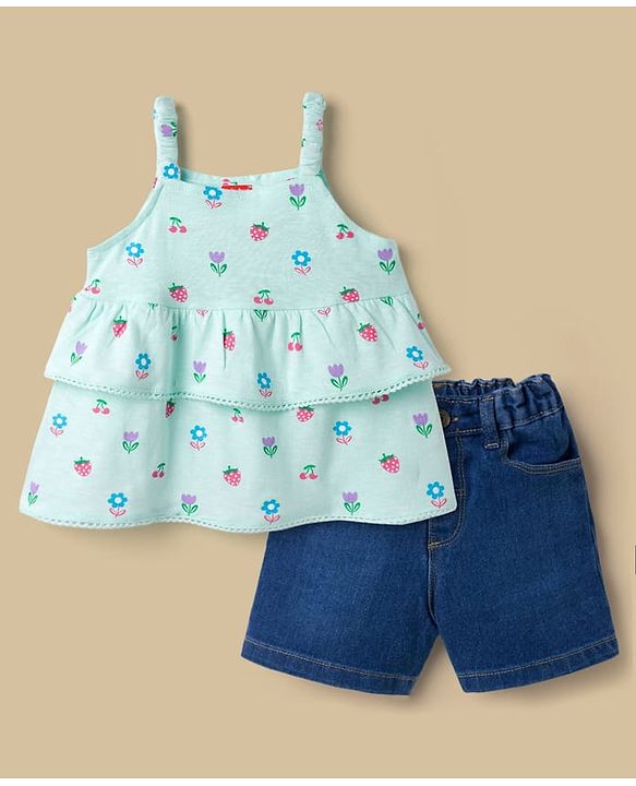 Babyhug Single Jersey Knit Sleeveless Floral & Fruits Printed Top & Denim Shorts Set - Blue