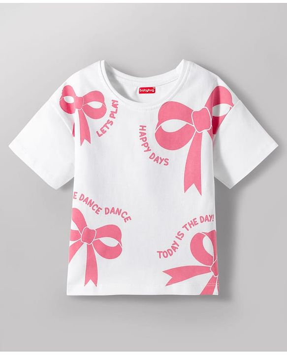 Babyhug Single Jersey Knit Half Sleeves Bow Printed Top & Shorts Set - White & Navy Blue