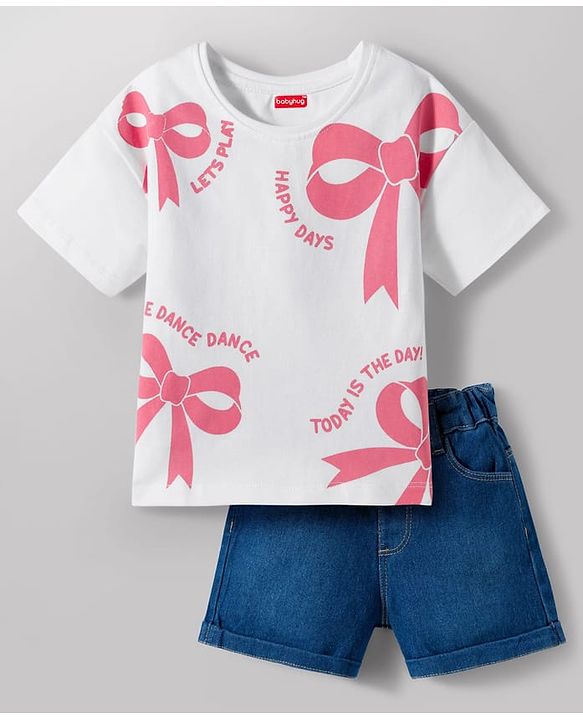 Babyhug Single Jersey Knit Half Sleeves Bow Printed Top & Shorts Set - White & Navy Blue
