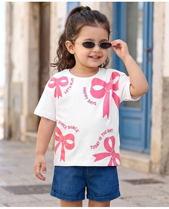 Babyhug Single Jersey Knit Half Sleeves Bow Printed Top & Shorts Set - White & Navy Blue