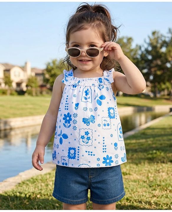 Babyhug Single Jersey Knit Frill Sleeves Top & Denim Shorts Set with Floral Print - Blue & White